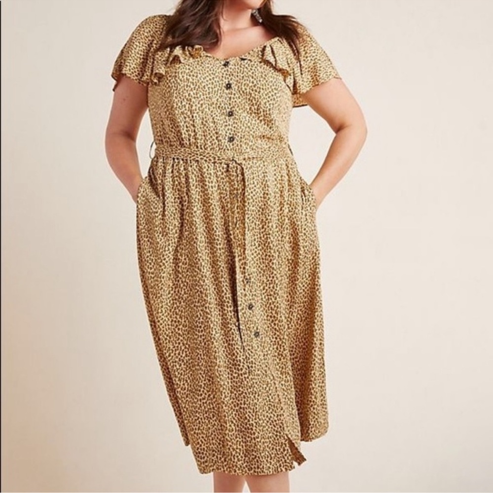 Anthropologie A+ Bolano Cheetah Print Button Front‎ Midi Dress Pockets 24W NEW